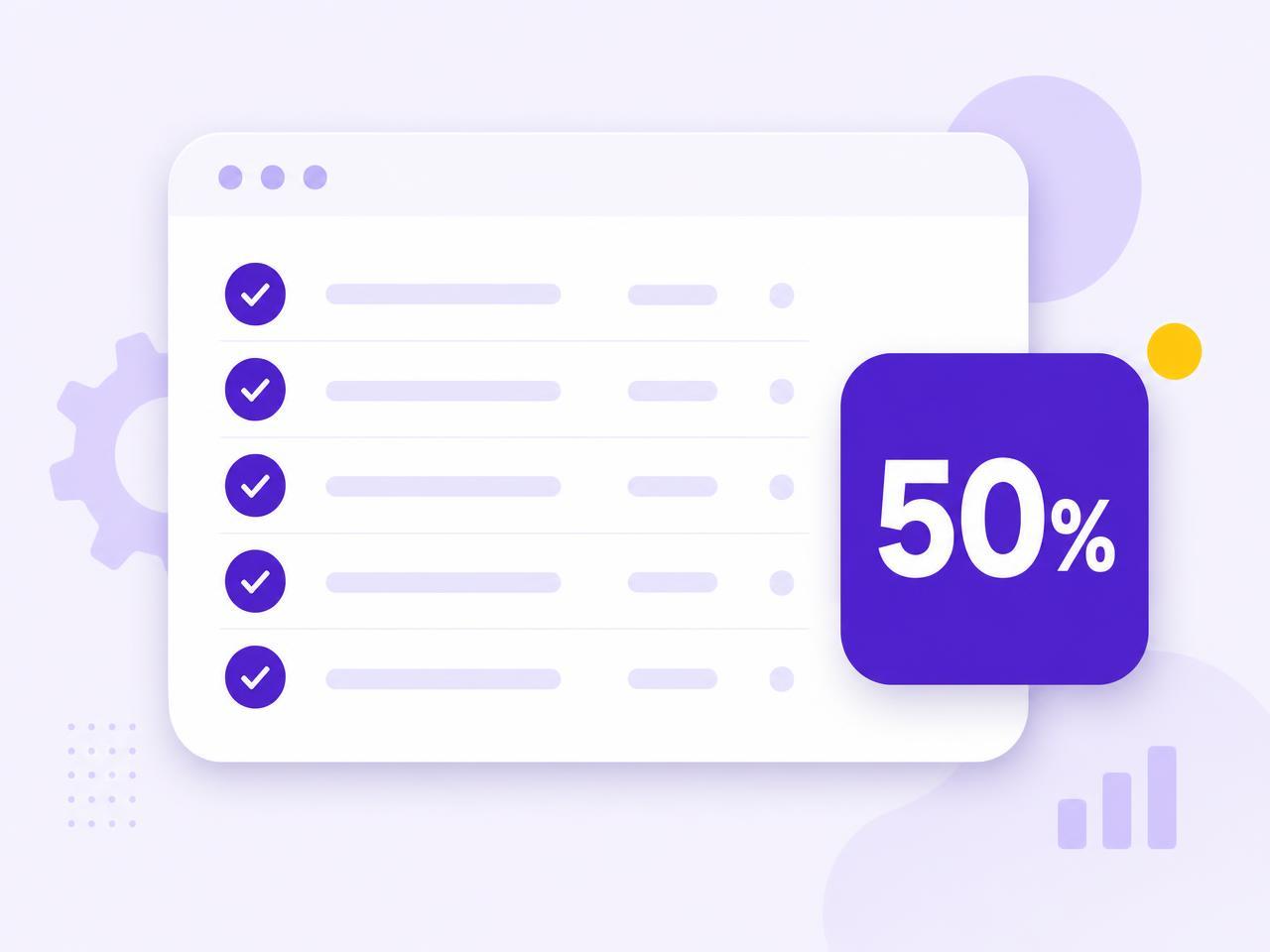 Illustration of a BugBug test list with a 50% discount badge for the CORE plan promotion