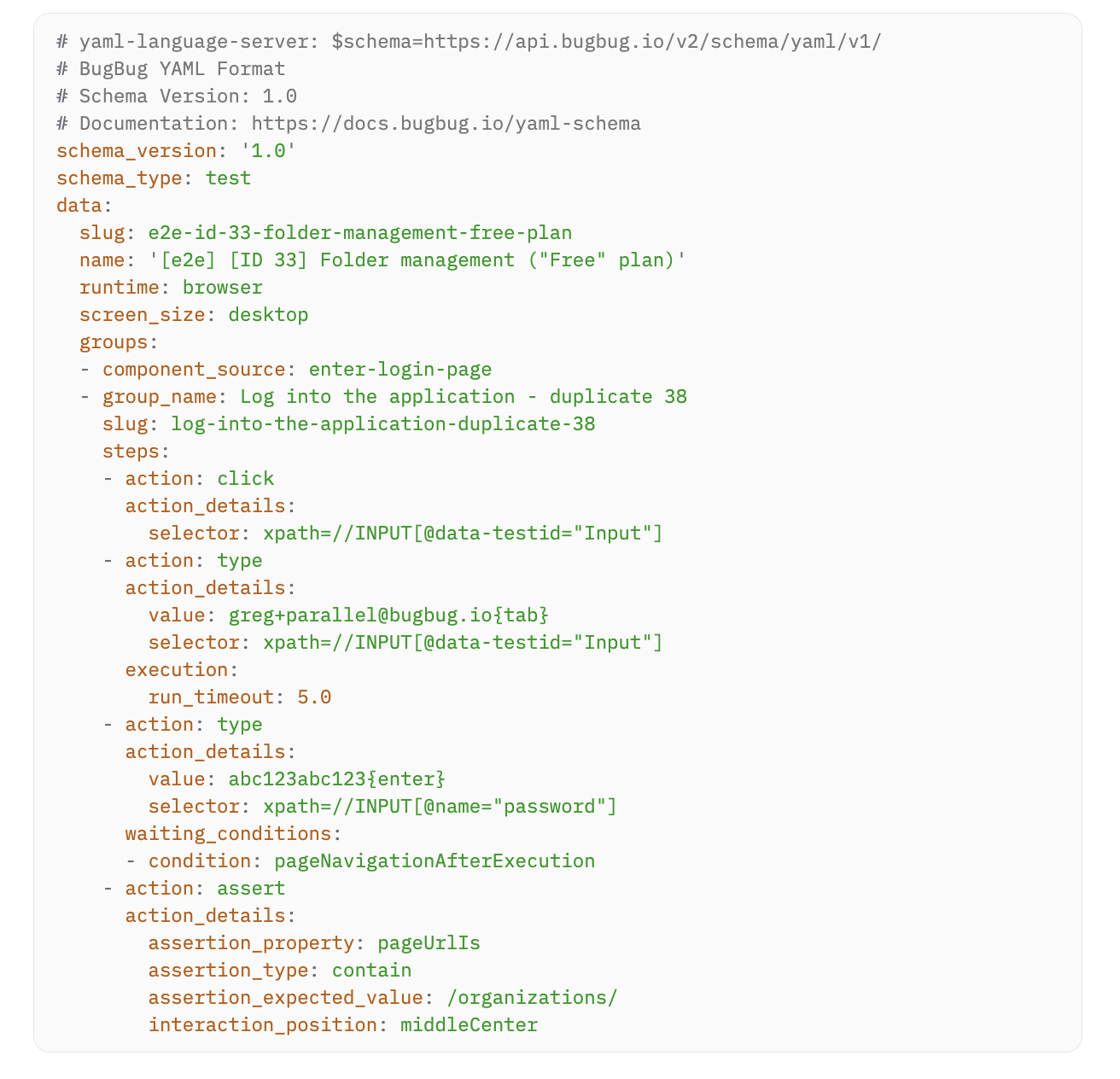 BugBug YAML test file showing schema version, component name and a goto step