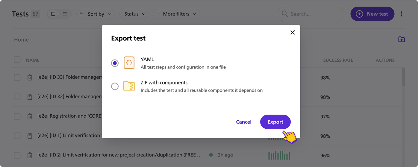 BugBug export test dialog offering YAML or ZIP with components
